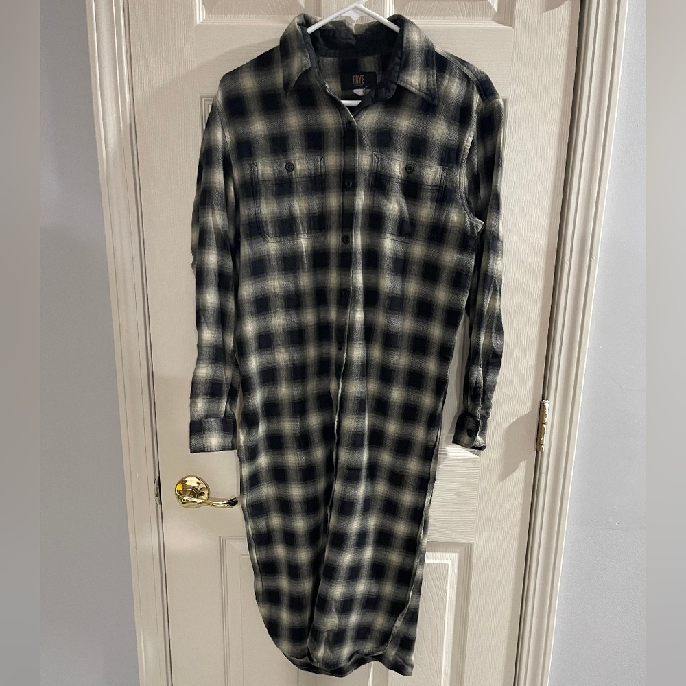 Frye Womens Black Cream‎ Plaid Flannel Long Button Down Long Sleeve Tunic Size 6